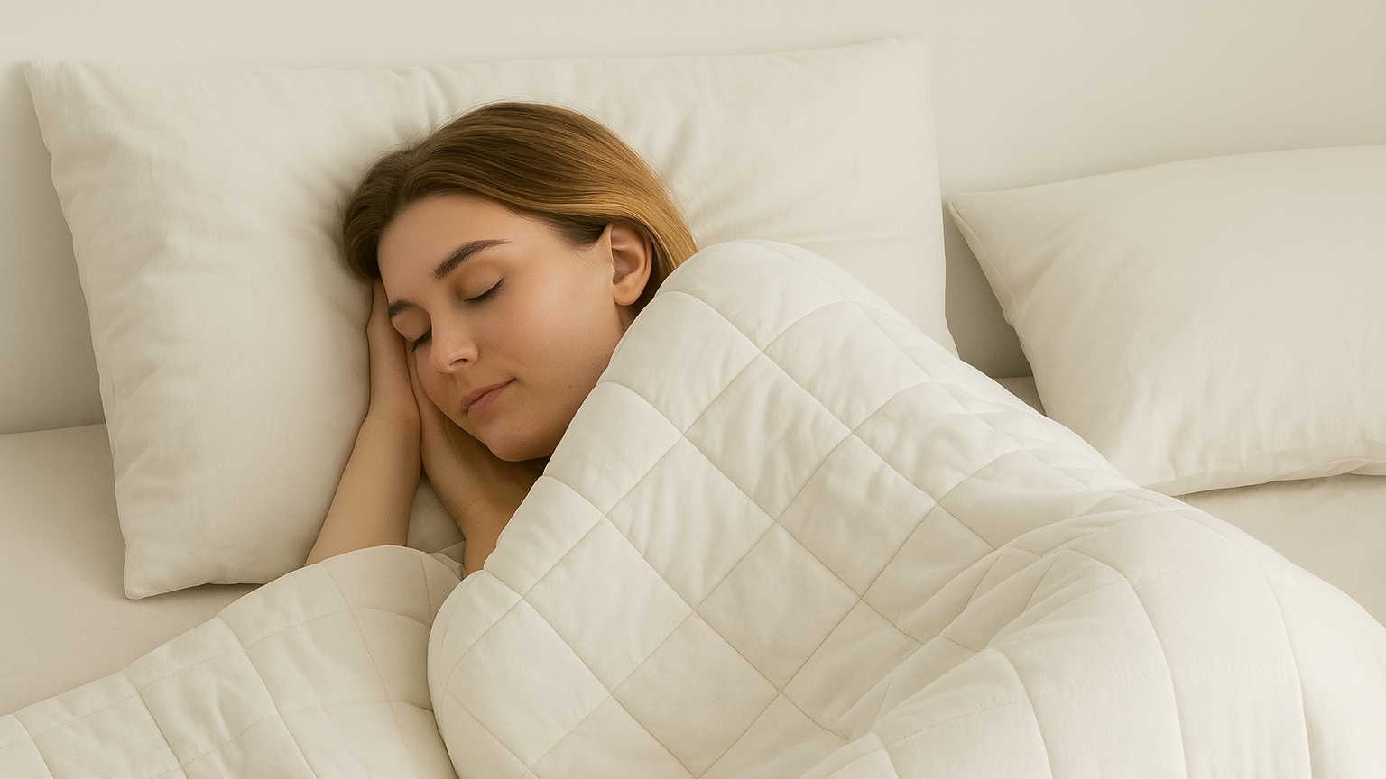 mujer usando con una manta de peso para dormir mejor. Una manta de peso es uno de los hábitos para dormir mejor
