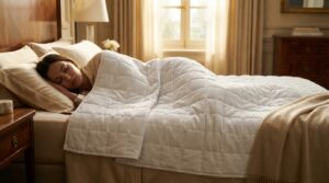 persona durmiendo feliz con su manta de peso abraza