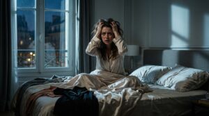 mujer con insomnio no puede dormir y sufre